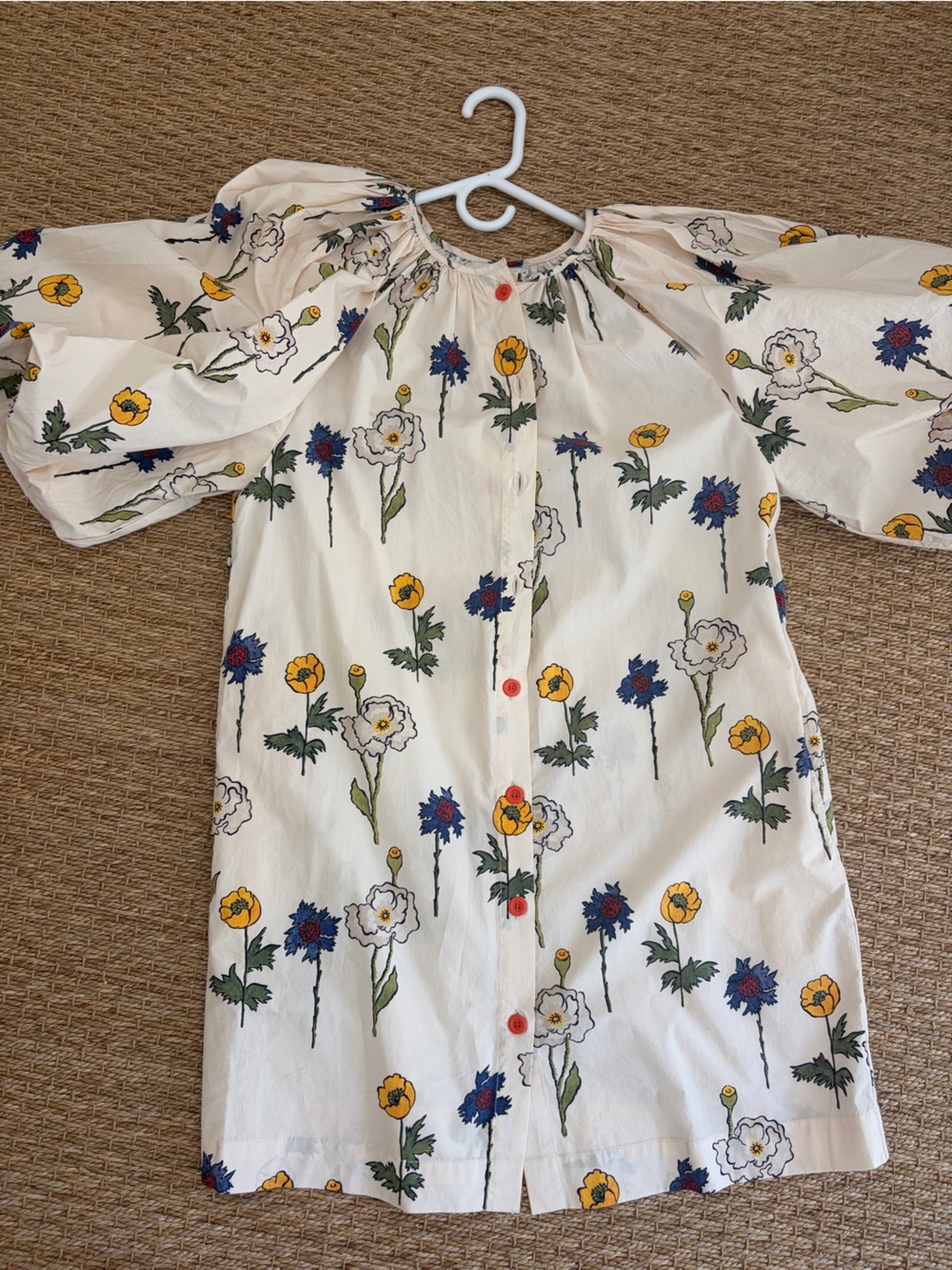 RHODE Cream Floral Button-Front Midi Dress with Puff Sleeves